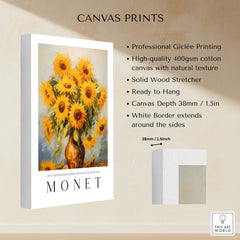 Claude Monet Art Print - Radiant Sunflowers in Vase Wall Art showcasing sunflowers on high-quality canvas.