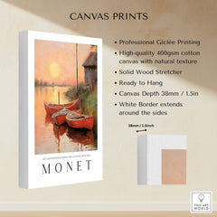Claude Monet Art Print - Red Boats at Sunset Riverbank Wall Art on canvas with Giclée printing details.