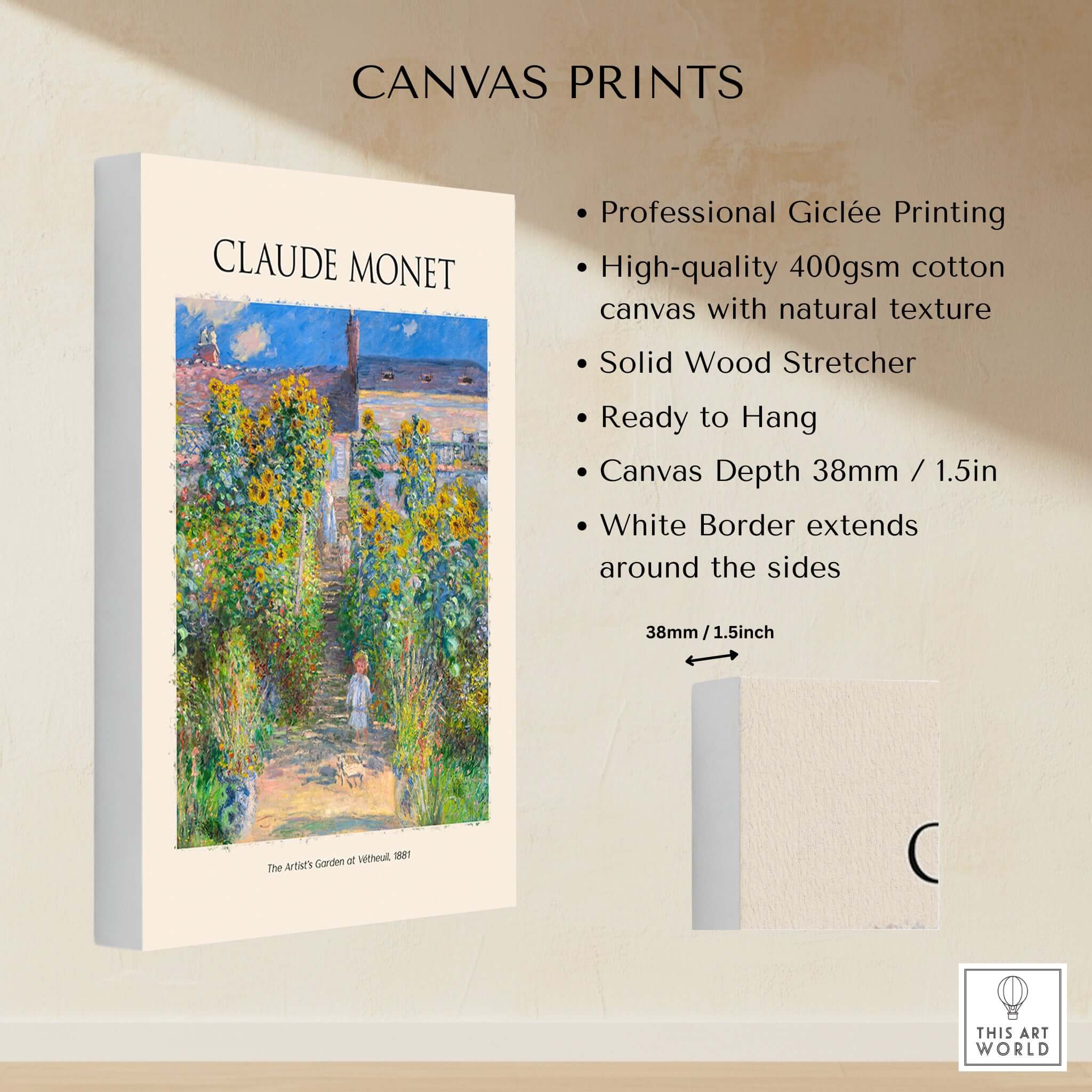 Monet Artists Garden at Vétheuil Sunflowers Impressionist Art Print Poster showcasing vibrant colors and details.