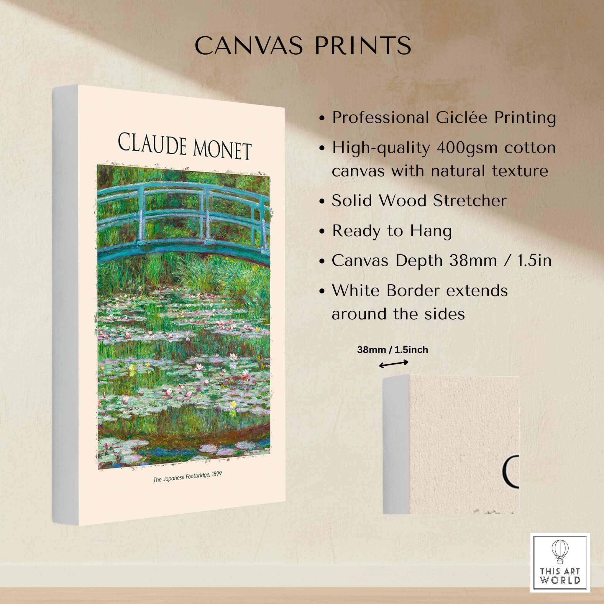 Monet Japanese Footbridge Water Lilies Giverny Garden Poster Art Print on canvas with natural texture and white border.