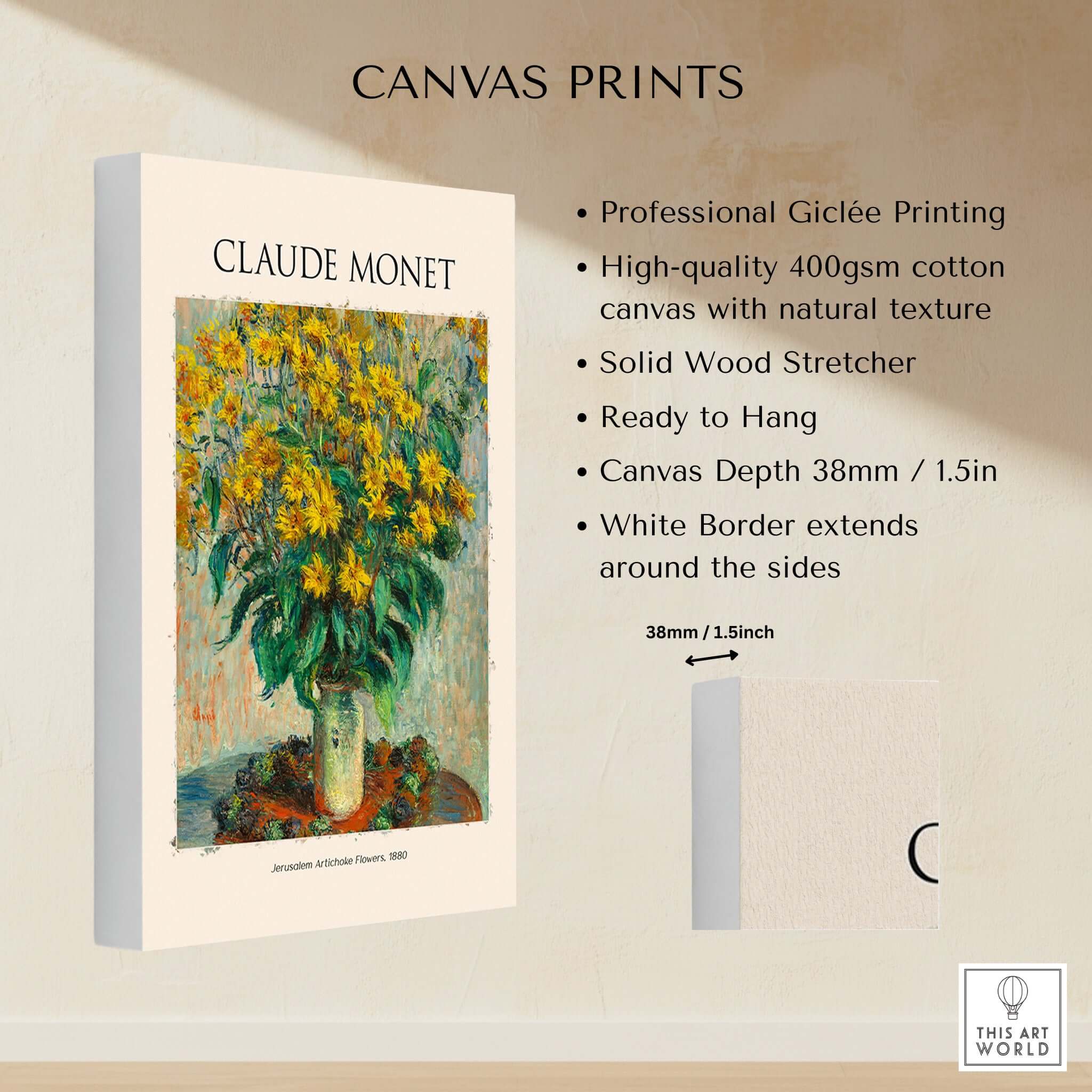 Monet Jerusalem Artichoke Flowers Still Life Floral Art Print Poster on canvas showcasing vibrant yellow flowers in a vase.