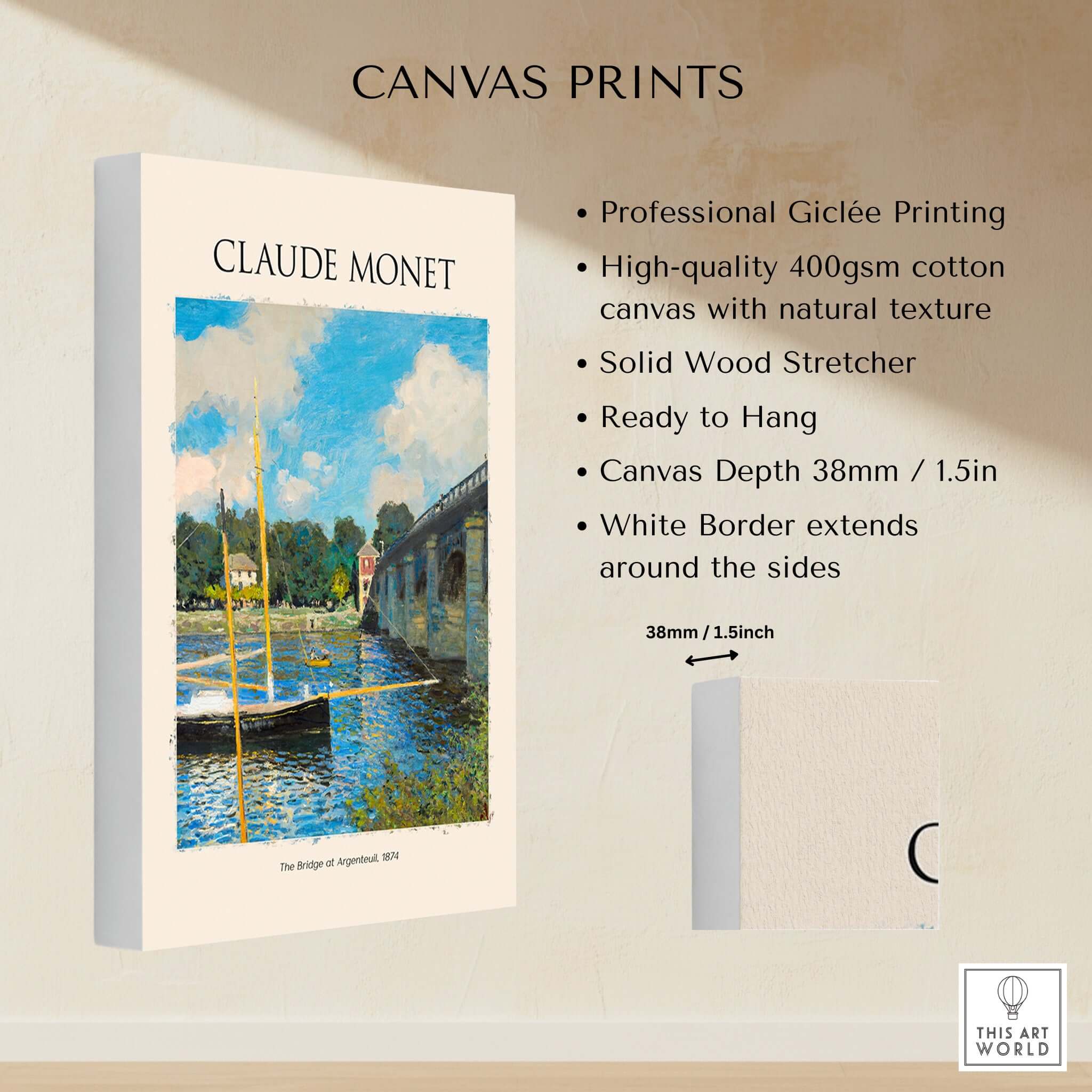 Monet The Bridge at Argenteuil Seine River Landscape Art Print Poster on canvas with professional Giclée printing.