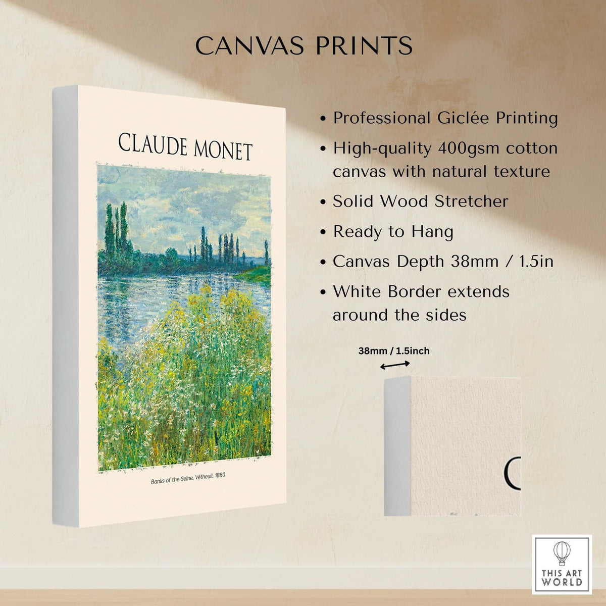 Monet Banks of the Seine Vétheuil River Landscape Art Print Poster on canvas with high-quality Giclée printing.