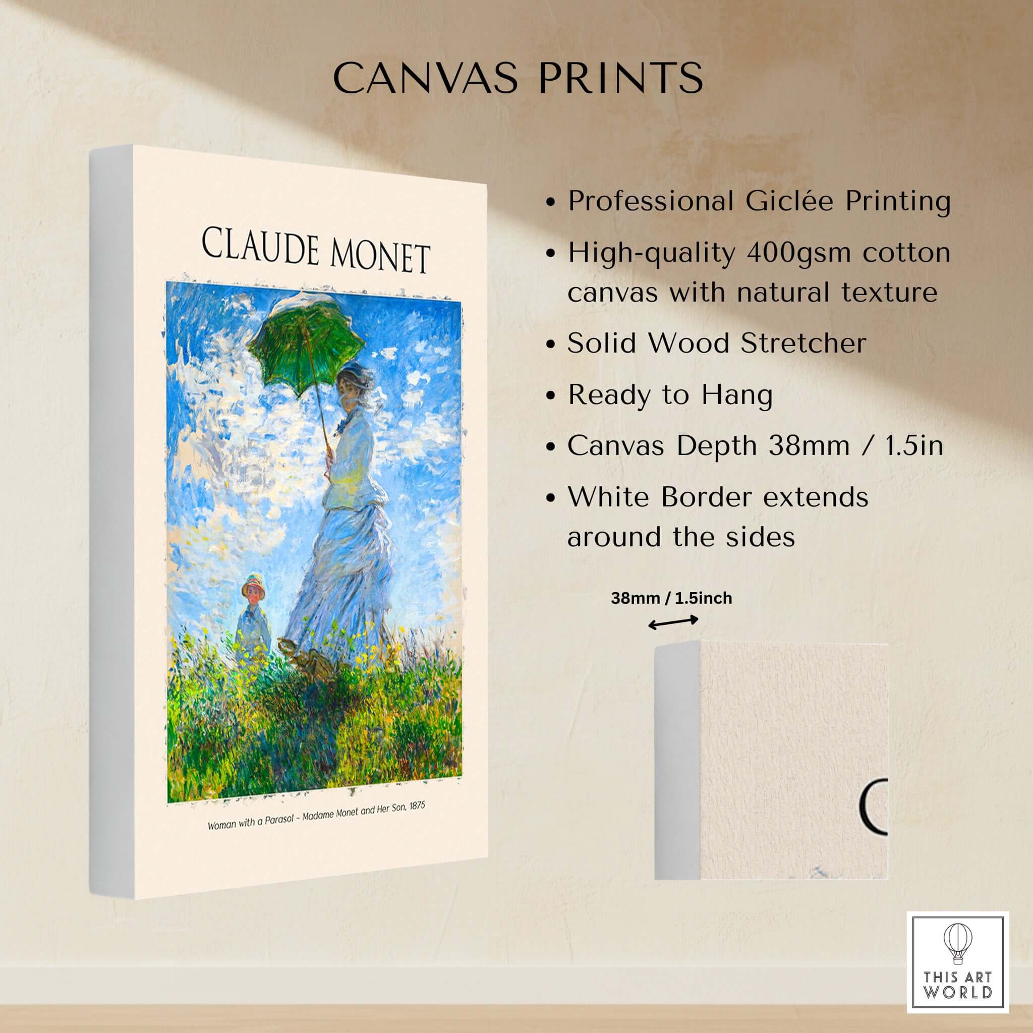 Monet Woman with Parasol Madame Monet Son Impressionist Art Print Poster on canvas with texture and ready to hang.