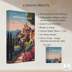 Montepulciano Italy Travel Poster | Tuscan Sunset Wall Art Print showcasing vibrant colors and beautiful landscape.