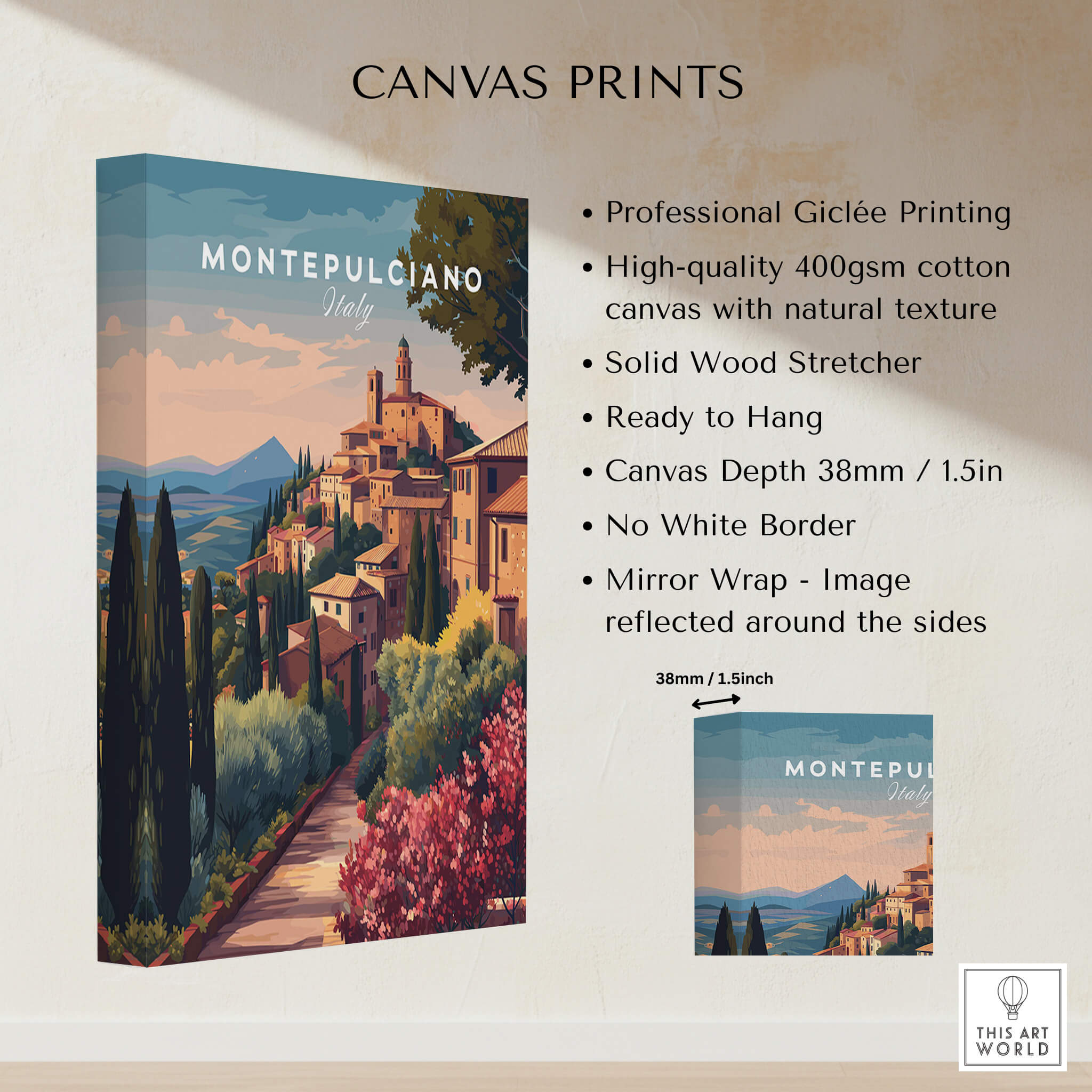 Montepulciano Italy Travel Poster | Tuscan Sunset Wall Art Print showcasing vibrant colors and beautiful landscape.