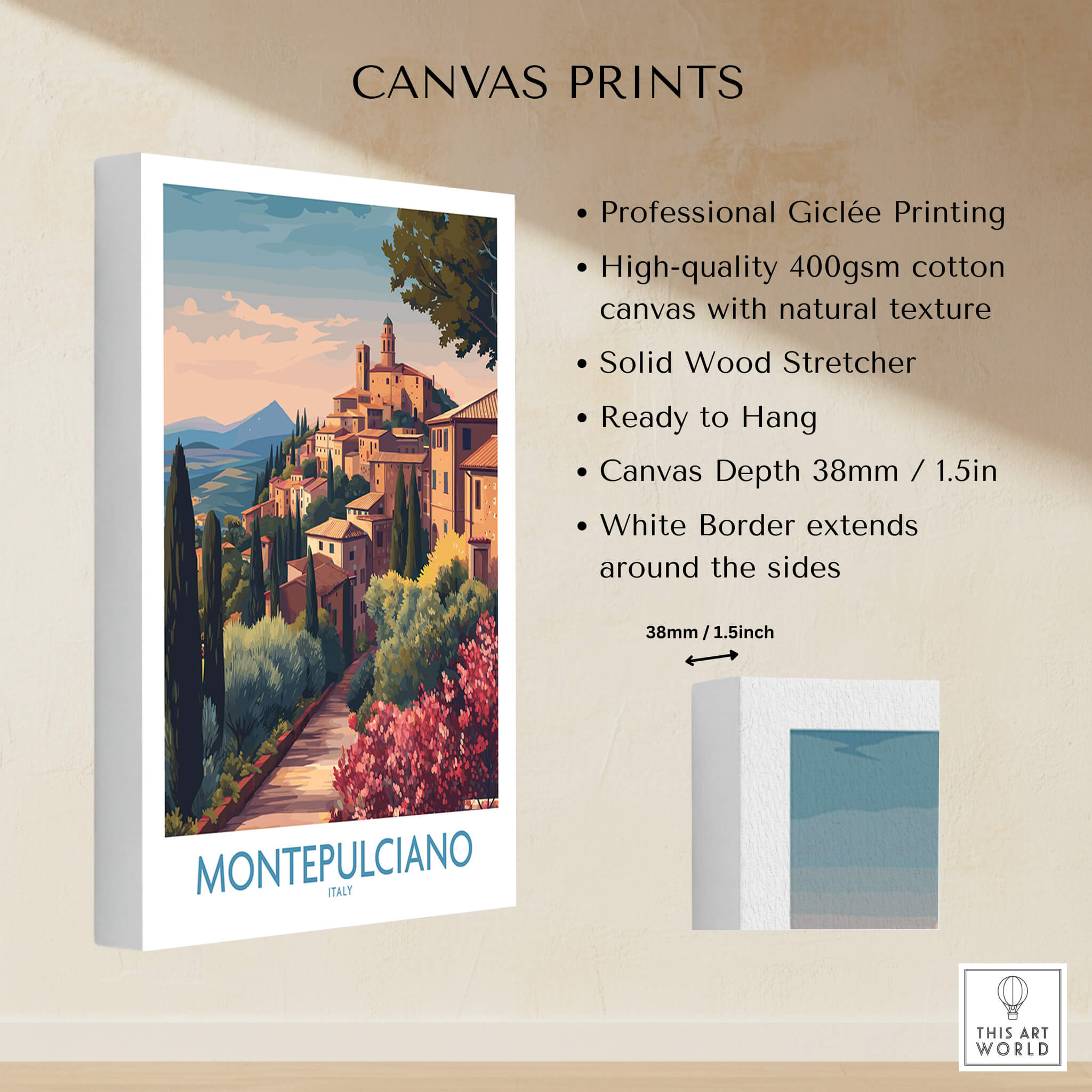 Montepulciano Italy Canvas Print | Italian Sunset Landscape Poster features Giclée printing and solid wood stretcher.