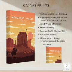 Monument Valley Arizona canvas print with cowboy silhouette, sunset, and rock formations