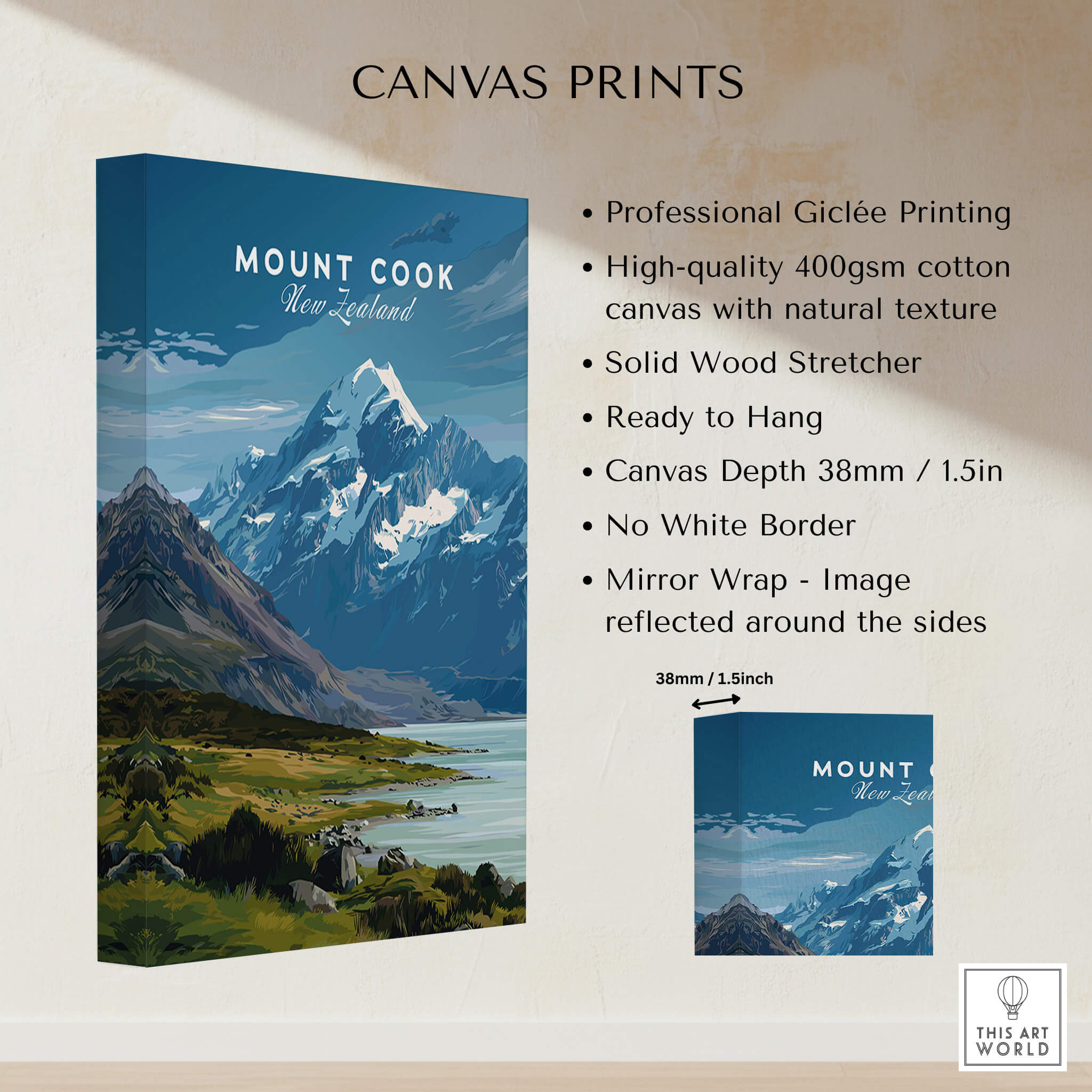 Mount Cook New Zealand Wall Art Print | Aoraki National Park Travel Poster canvas print specifications