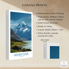 Mount Cook New Zealand Poster | Southern Alps Mountain Canvas Print featuring professional Giclée printing and a solid wood stretcher.