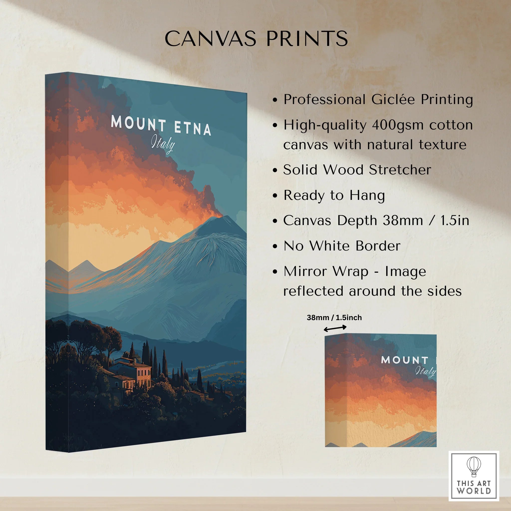 Mount Etna Italy canvas wall art print with sunset landscape and village, 1.5 inch depth