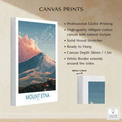 Stretched cotton canvas print of Mount Etna with scenic landscape and white border, ready to hang