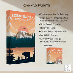 Mount Rainier National Park canvas print with mountain, forest, and bear illustration