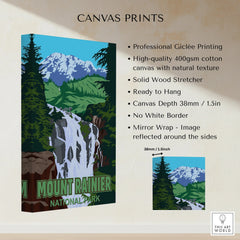 Mount Rainier National Park canvas print with mountain, forest, and waterfall artwork