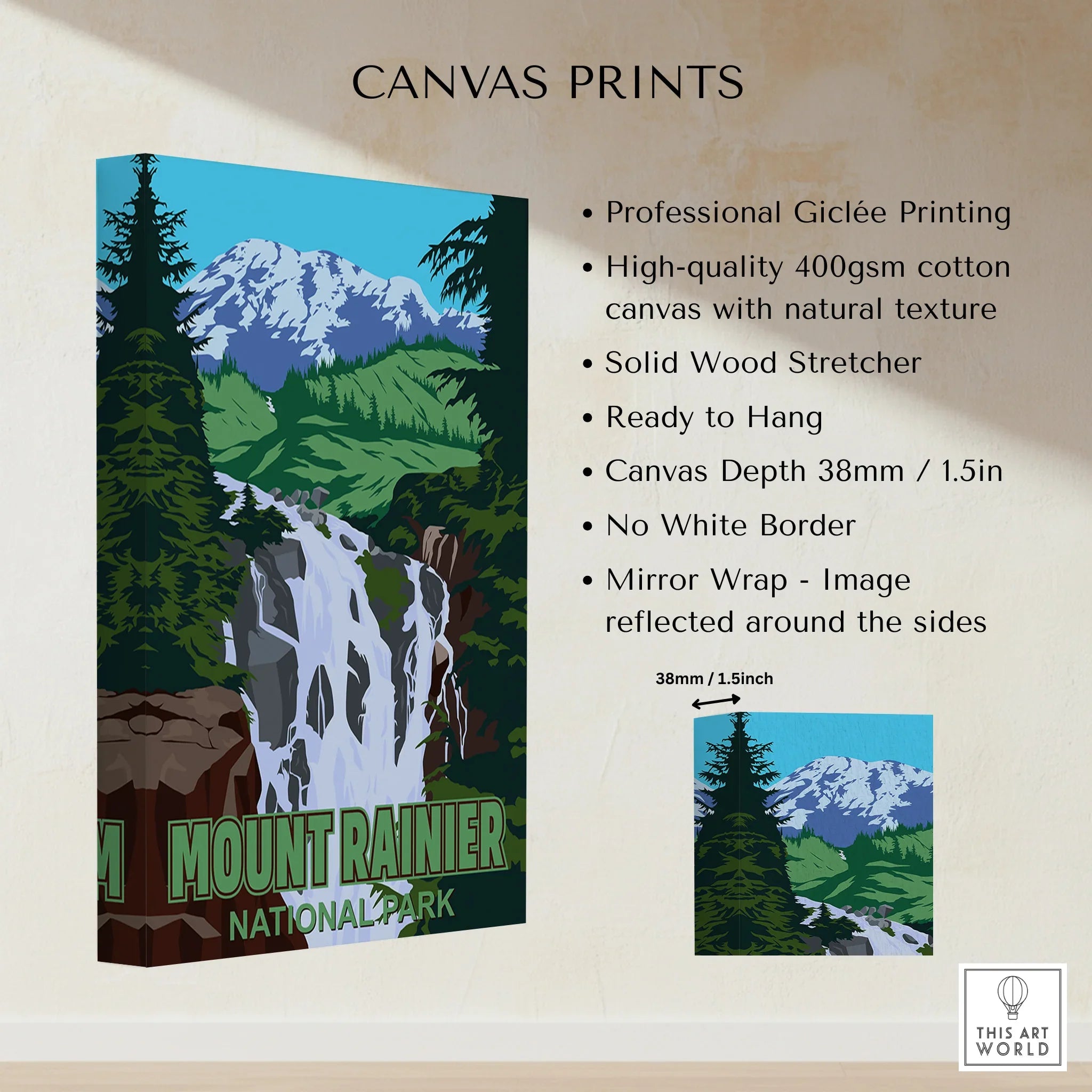 Mount Rainier National Park canvas print with mountain, forest, and waterfall artwork