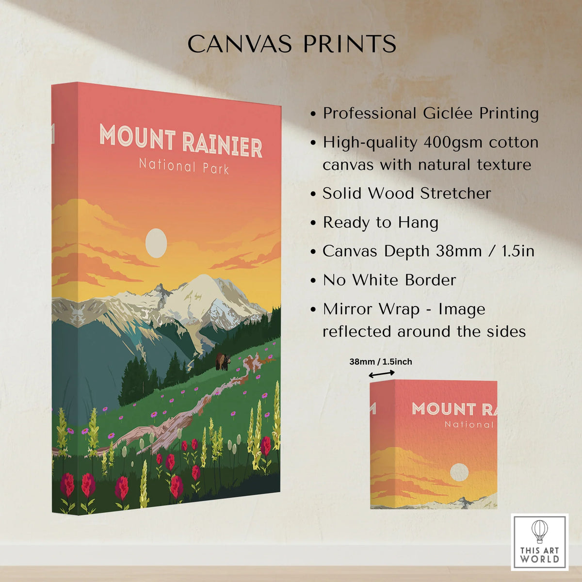 Mount Rainier National Park canvas print with colorful mountain landscape at sunset and wildflowers