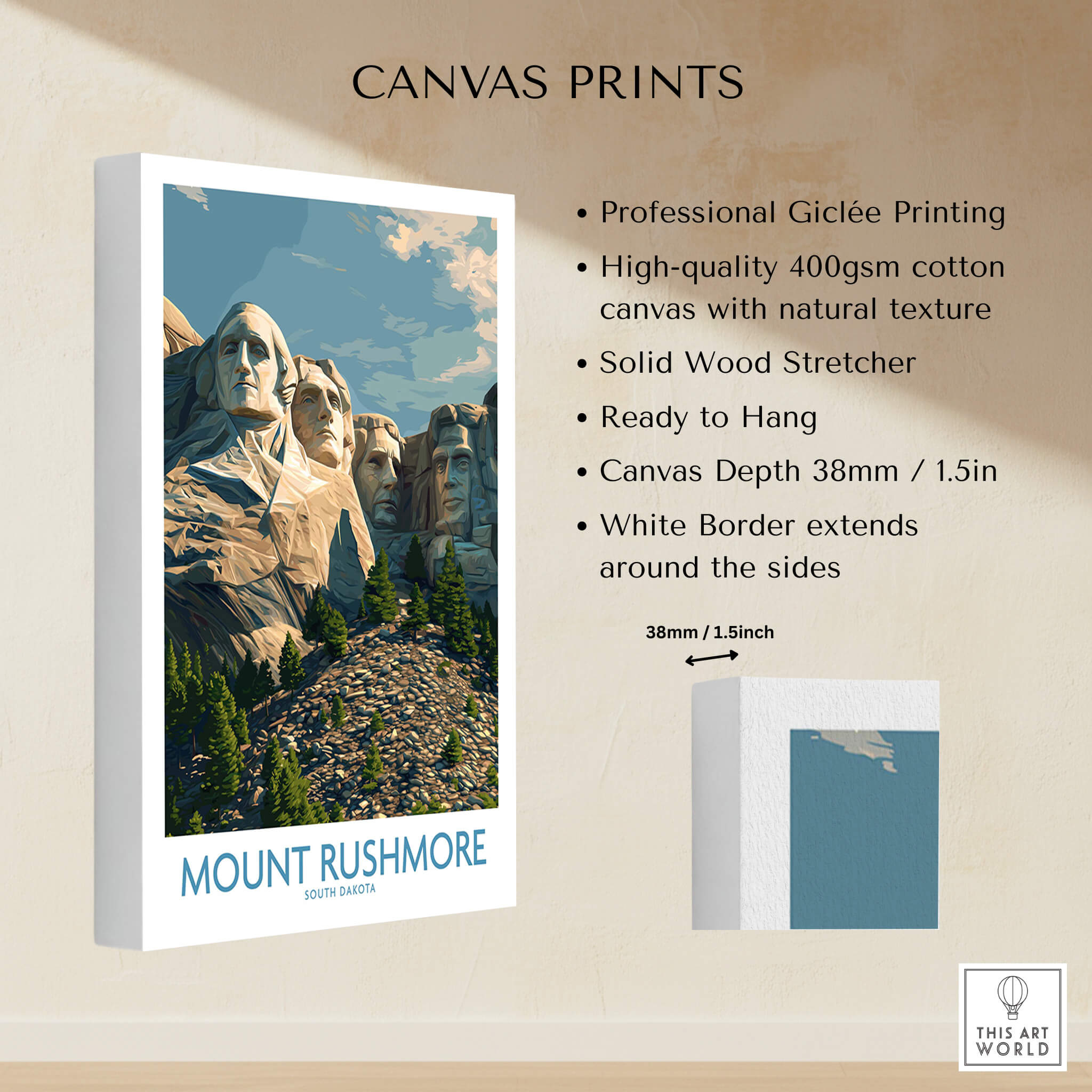 Mount Rushmore Poster | Black Hills National Memorial Canvas Print showcasing professional Giclée printing and solid wood stretcher.
