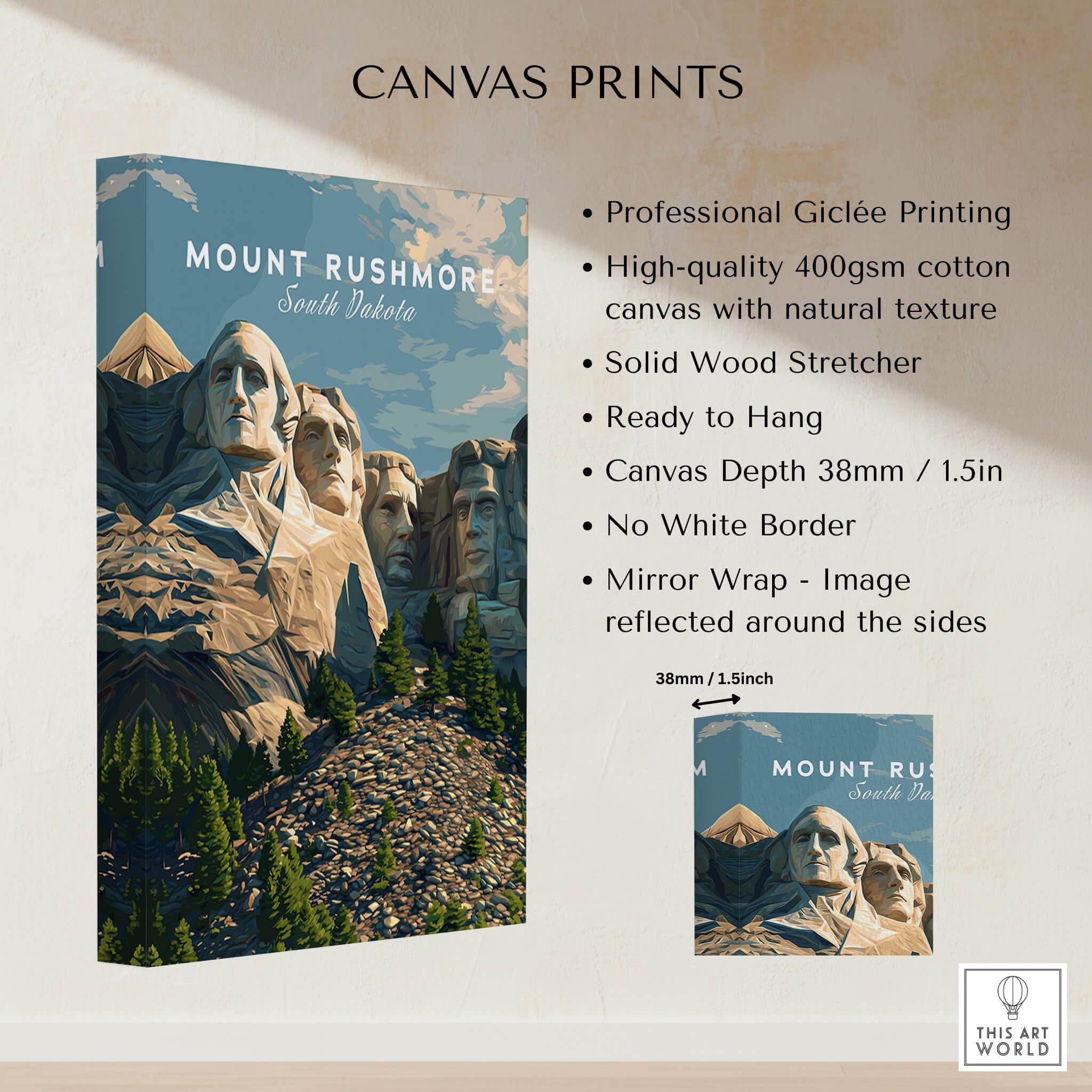 Mount Rushmore Wall Art Print | American Landmark Travel Poster displayed on canvas print with professional giclée printing.