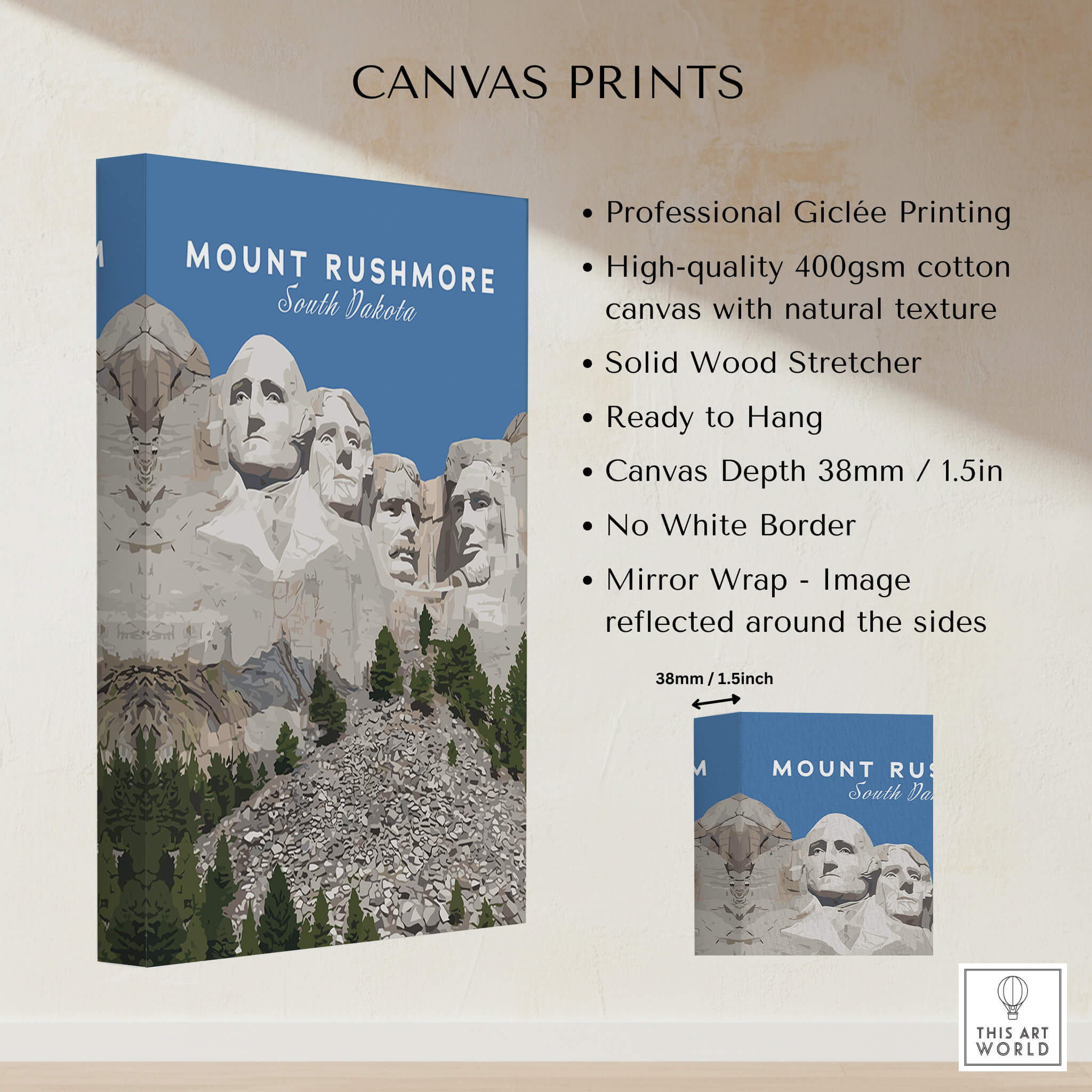 Mount Rushmore Print | National Memorial Wall Art showcasing stunning giclée printed canvas of iconic South Dakota landmark.