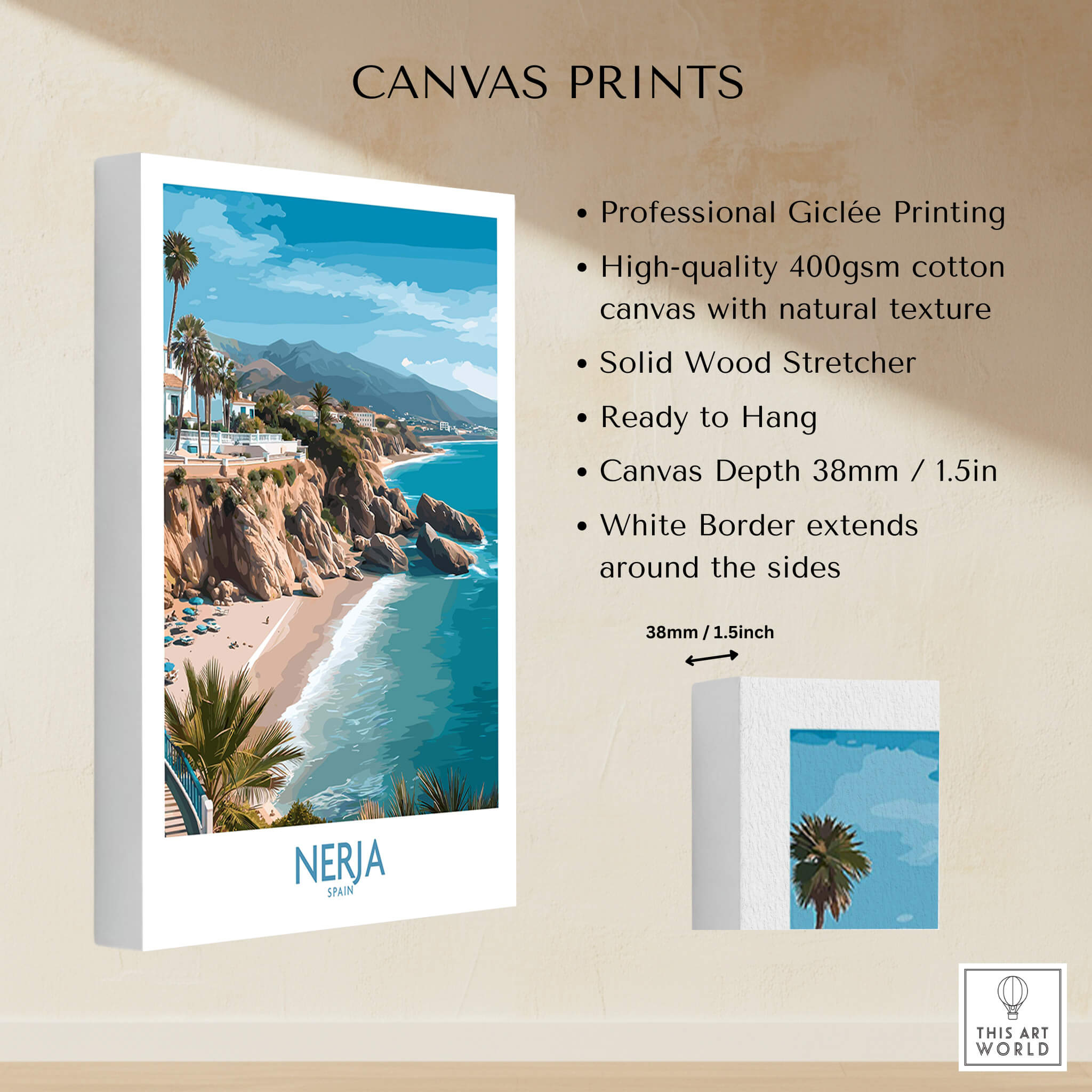 Nerja Spain Poster | Mediterranean Beach Landscape Canvas Print displayed on wall with natural scenery.