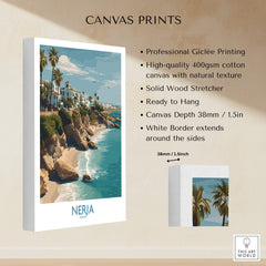 Nerja Spain Poster | Spanish Village Canvas Print showcasing professional Giclée printing and natural texture with palm trees.
