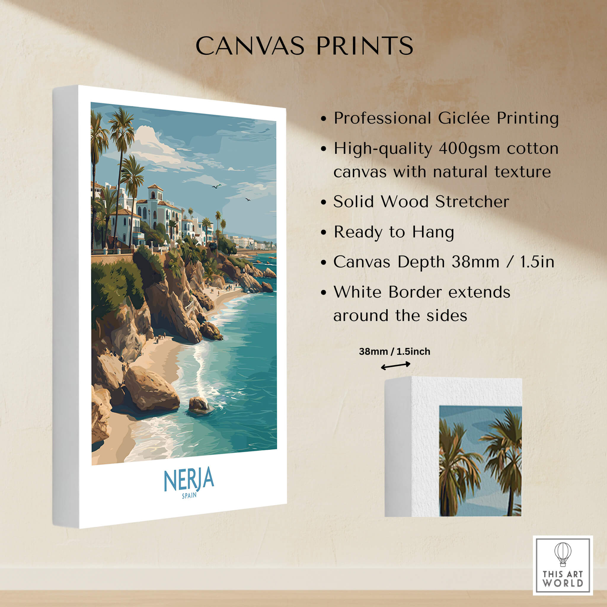 Nerja Spain Poster | Spanish Village Canvas Print showcasing professional Giclée printing and natural texture with palm trees.