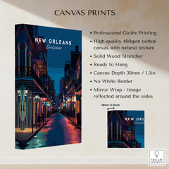 New Orleans Travel Poster | Bourbon Street Night Wall Art Print showcasing vibrant nightlife and architectural character.