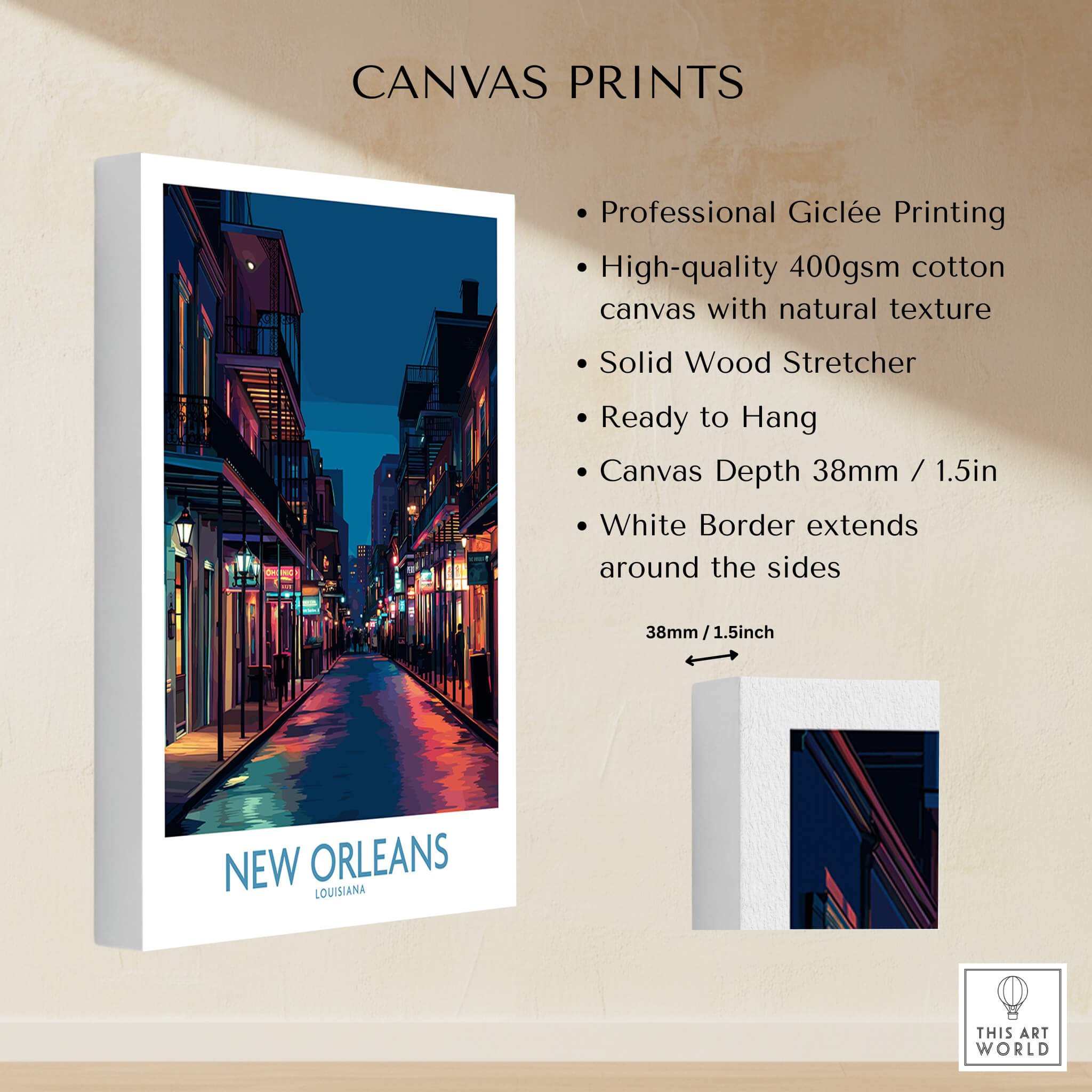 New Orleans Canvas Print | French Quarter Cityscape Poster showcasing a vibrant street scene with wrought-iron balconies.