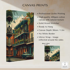 New Orleans Wall Art Print | French Quarter Balcony Travel Poster showcasing vibrant architecture and giclée printing details.