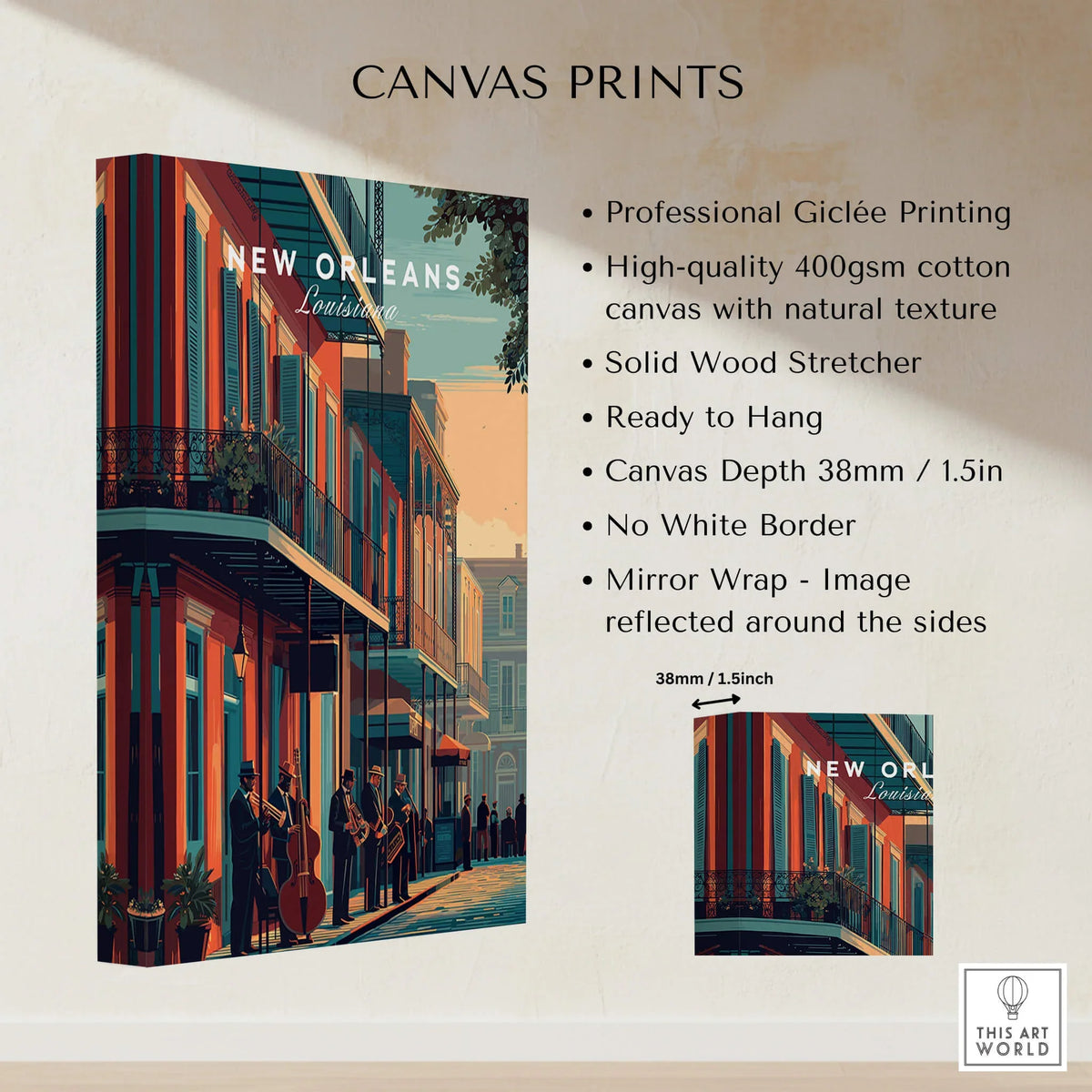New Orleans Poster | Jazz Band Street Scene Wall Art Print showcasing vibrant colors and jazz musicians in the French Quarter.