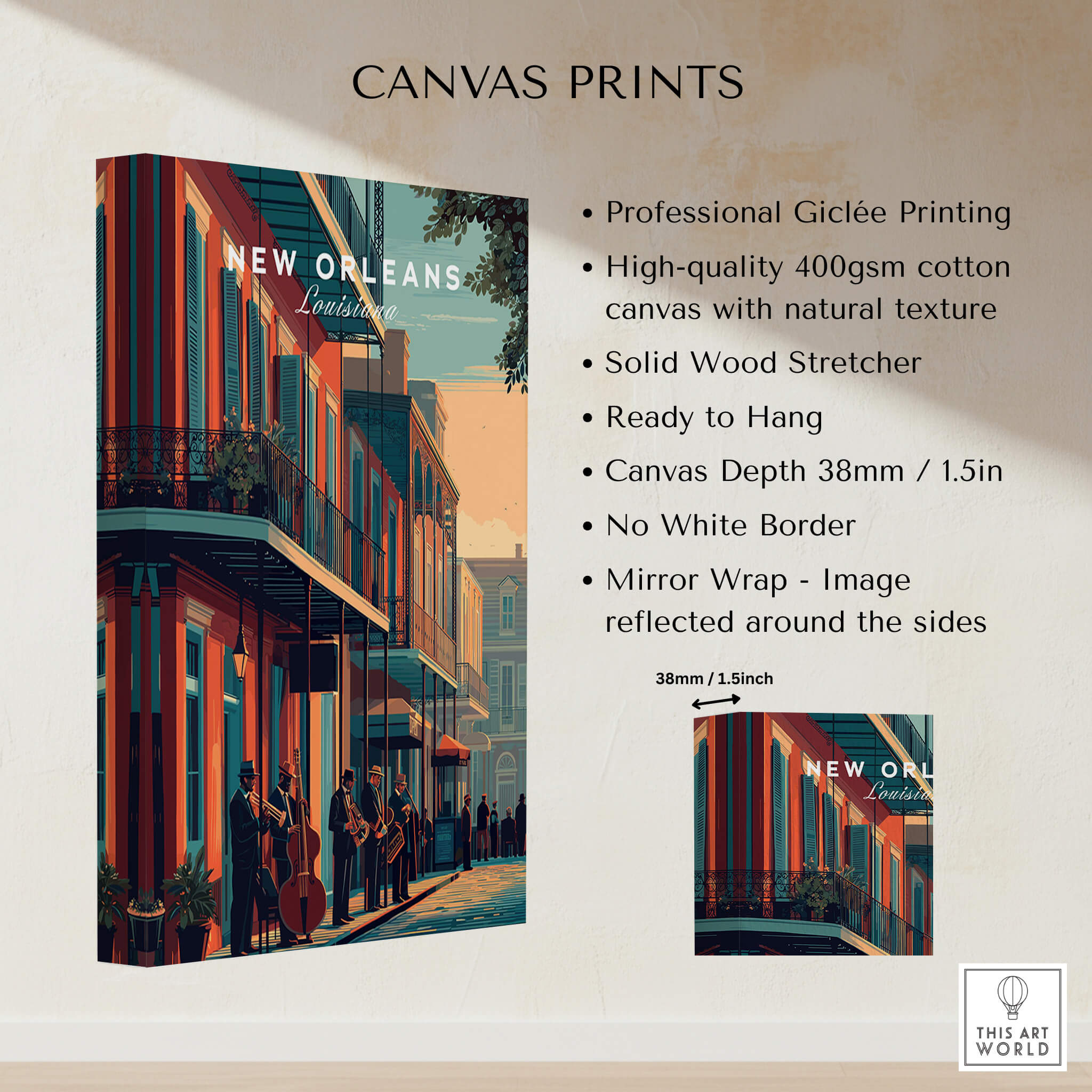 New Orleans Poster | Jazz Band Street Scene Wall Art Print showcasing vibrant colors and jazz musicians in the French Quarter.