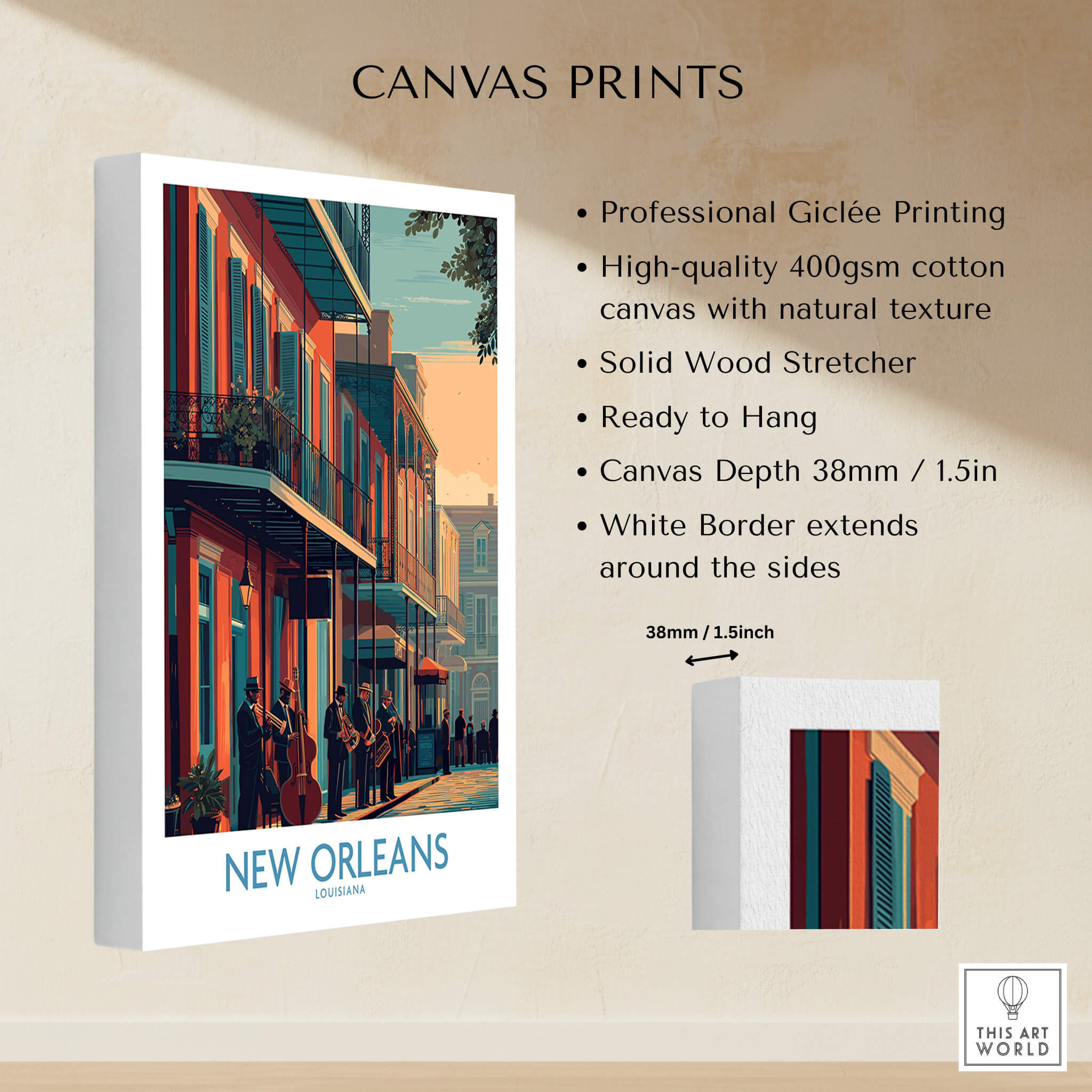 New Orleans Canvas Print | Musical Heritage Cityscape Poster showcasing professional giclée printing on high-quality canvas.