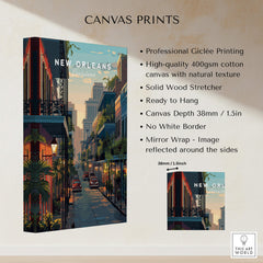 New Orleans Wall Art Print | Historic French Quarter Travel Poster on high-quality canvas with vibrant colors.