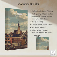 Nijmegen Netherlands cityscape canvas wall art print with cotton texture, no border, mirror wrapped edges