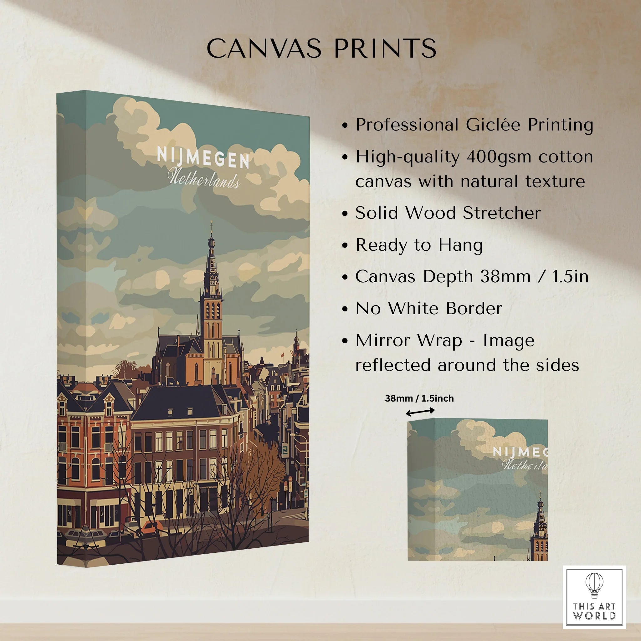 Nijmegen Netherlands cityscape canvas wall art print with cotton texture, no border, mirror wrapped edges