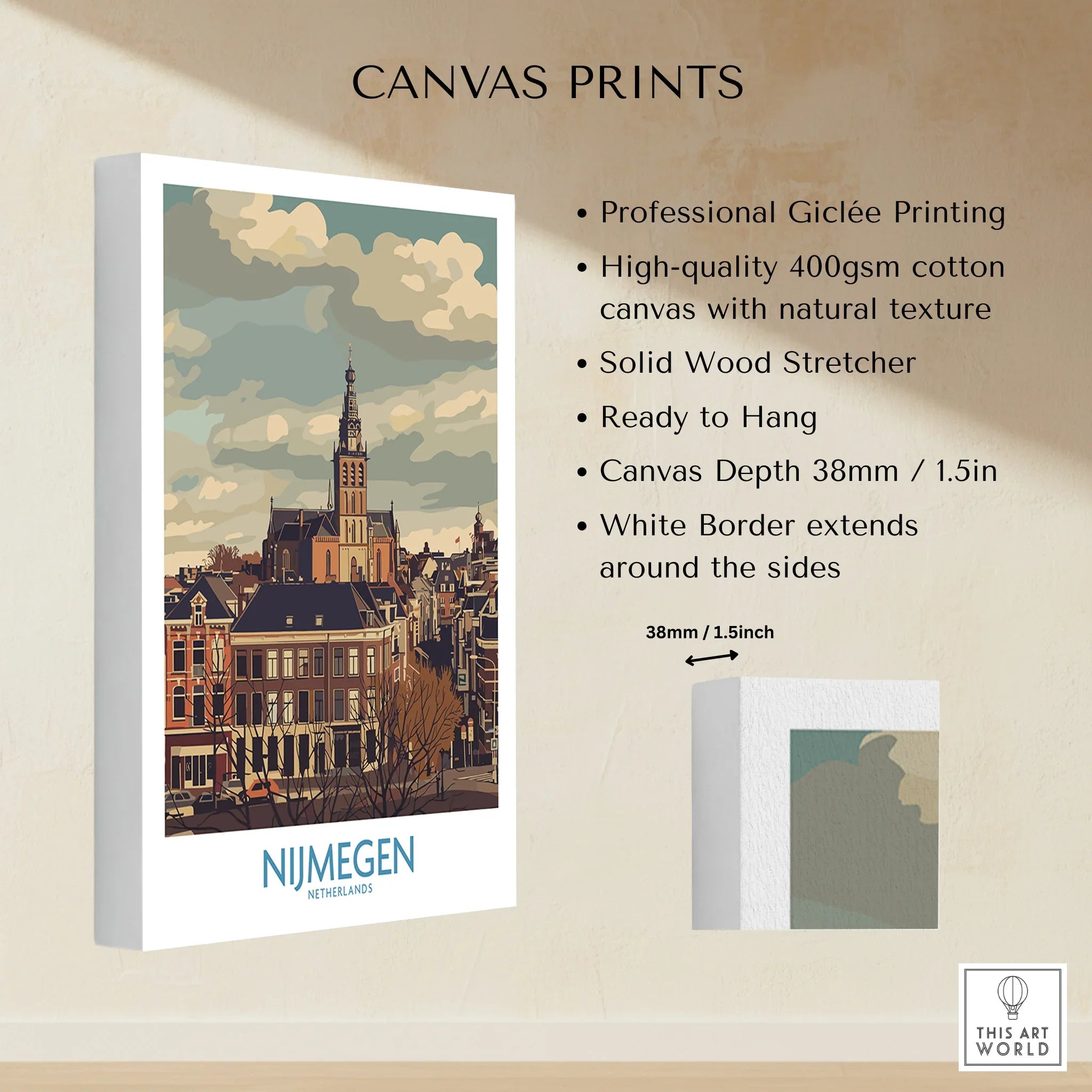 Nijmegen Netherlands skyline wall art canvas print with white border and cityscape illustration.