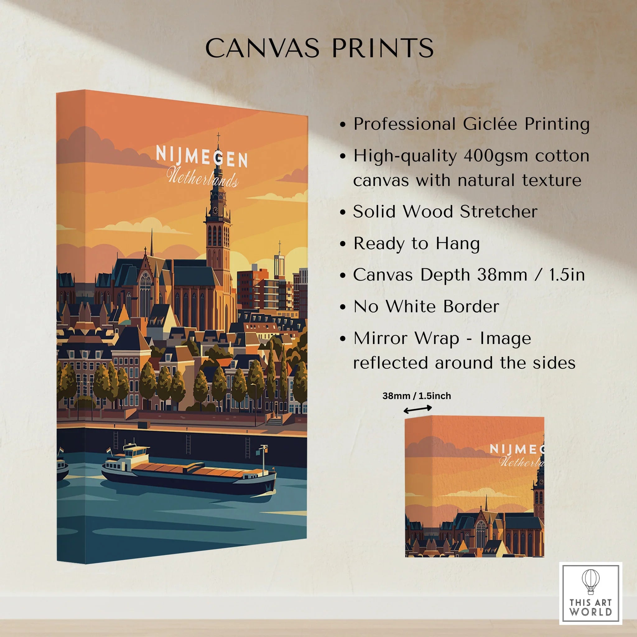 Nijmegen Netherlands skyline canvas print with river, sunset colors, and product details