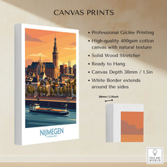 Nijmegen Netherlands cityscape canvas wall art, sunset colors, ready to hang, white border