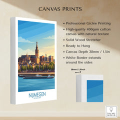 Nijmegen Netherlands cityscape canvas print with river, church, and white border details.