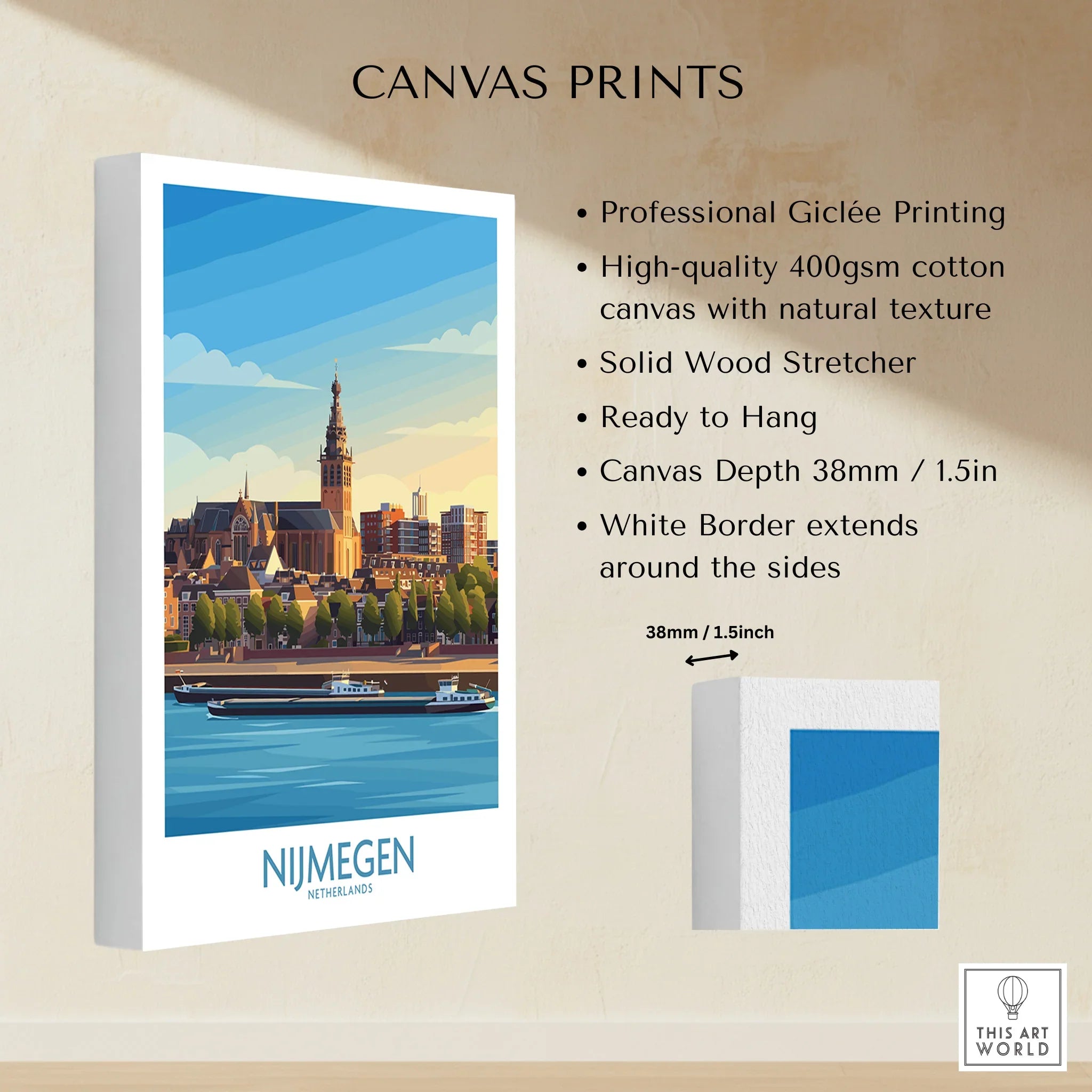 Nijmegen Netherlands cityscape canvas print with river, church, and white border details.