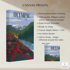Olympic National Park canvas print with mountains, forest, and wildflowers, wall art details listed.