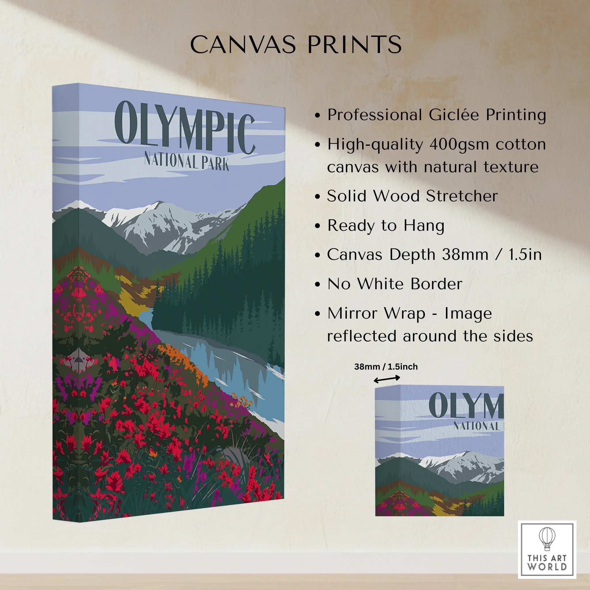 Olympic National Park canvas print with mountains, forest, and wildflowers, wall art details listed.