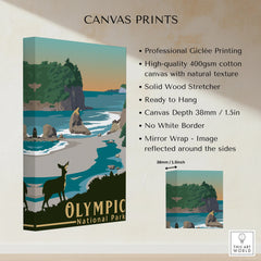 Olympic National Park canvas wall art with scenic coastal landscape and deer at sunset