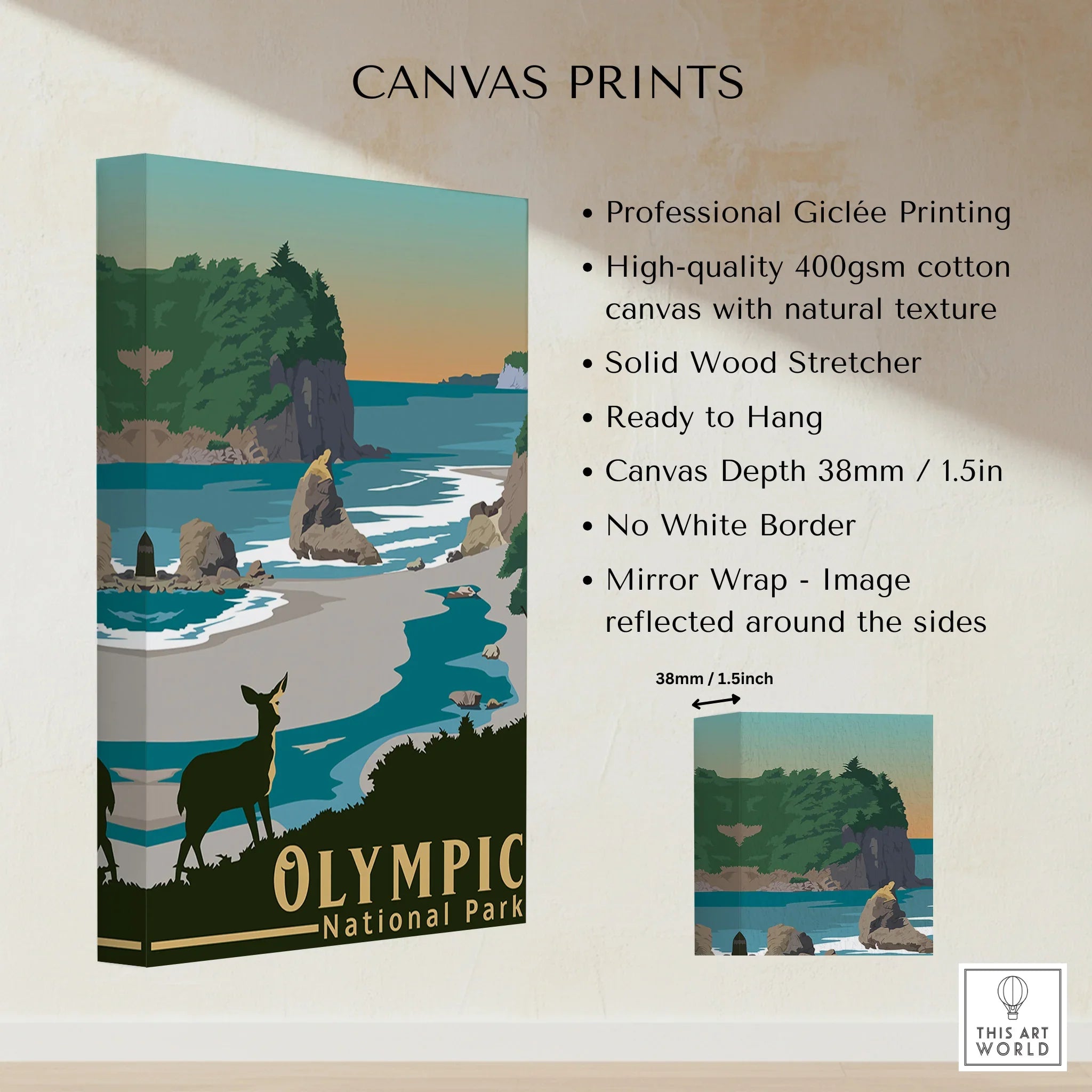 Olympic National Park canvas wall art with scenic coastal landscape and deer at sunset