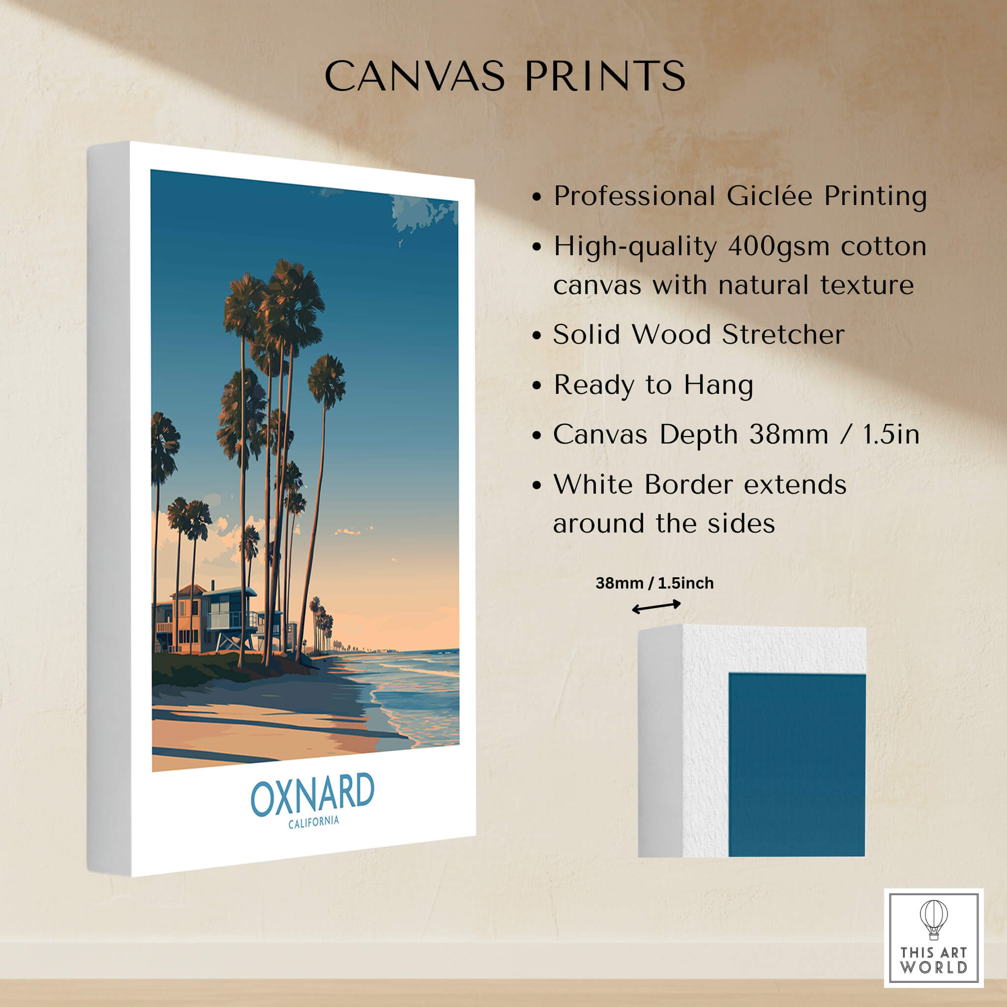Oxnard Poster | California Beach House Sunset Canvas Print featuring palm trees and beach house design.