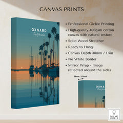 Oxnard California Wall Art Print | Sunset Harbor & Sailboats Travel Poster canvas print details and features.