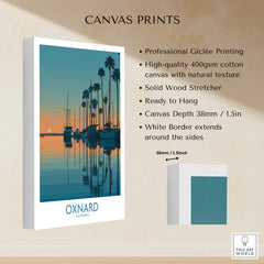 Oxnard California Poster | Scenic Pacific Marina Canvas Print showcasing palm trees and sailboats at sunset.