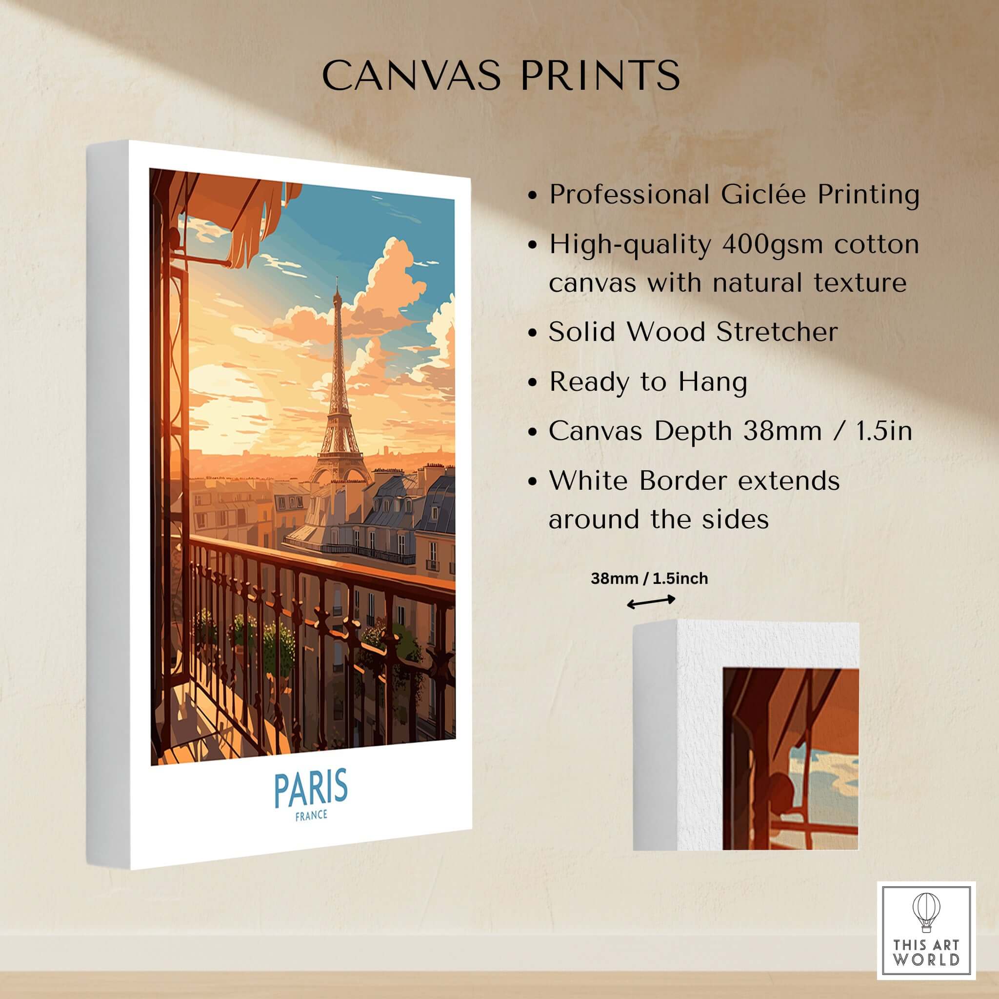 Paris Wall Art | Modern Style stunning sunset view of Eiffel Tower canvas print with natural texture.