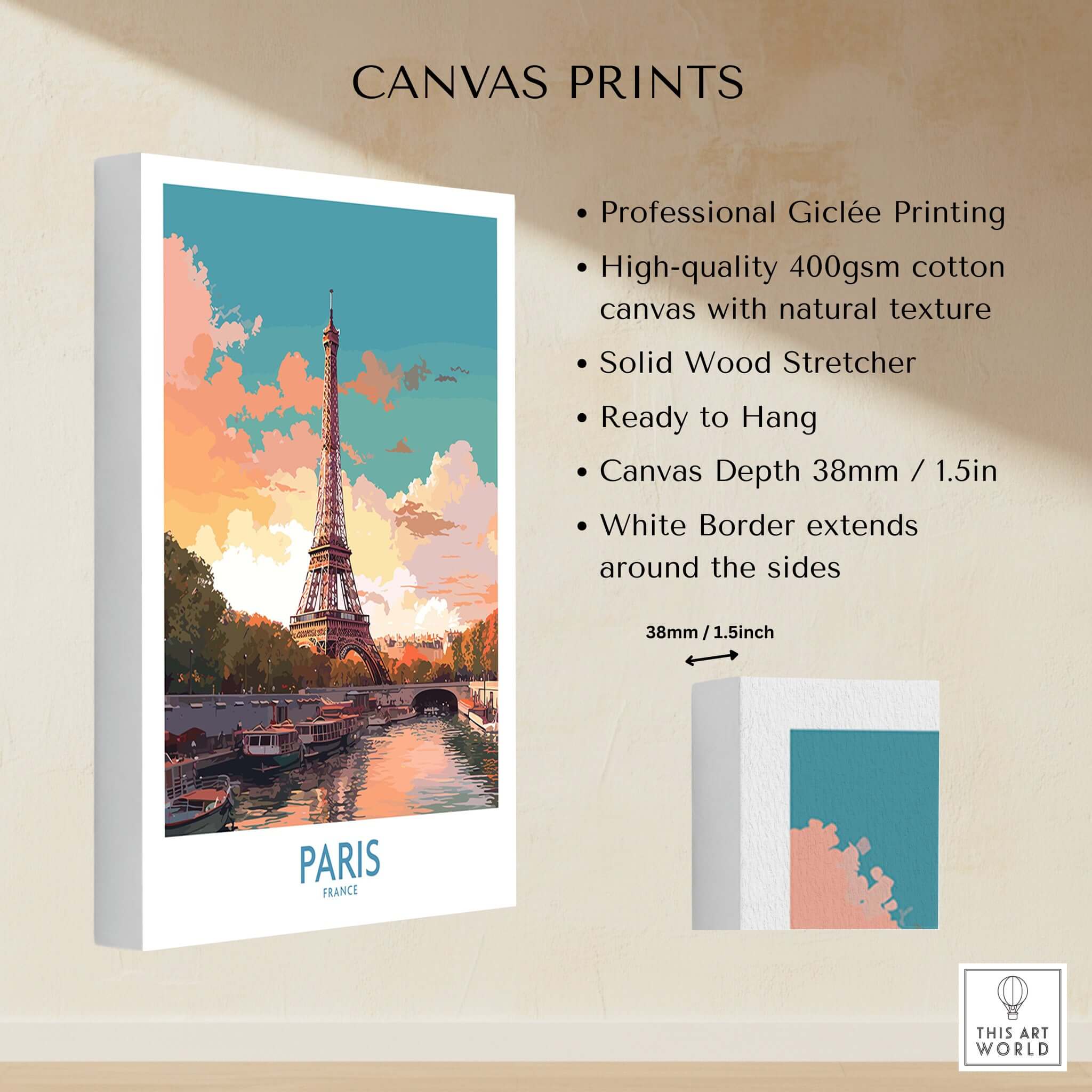 Paris Wall Art - Eiffel Tower stunning canvas print featuring the iconic Eiffel Tower in a dreamy sunset backdrop.