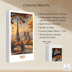 Paris France Autumn Seine River Art Print | Eiffel Tower and Notre Dame Poster showcased on canvas print.